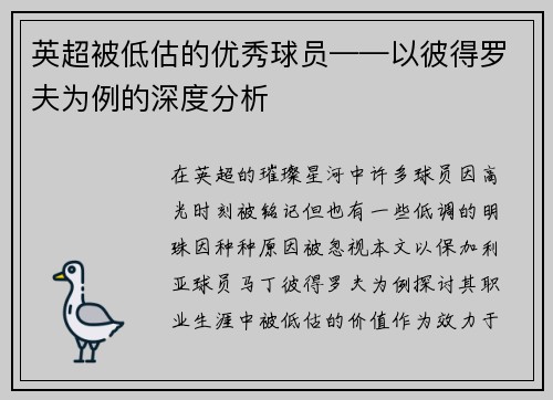 英超被低估的优秀球员——以彼得罗夫为例的深度分析